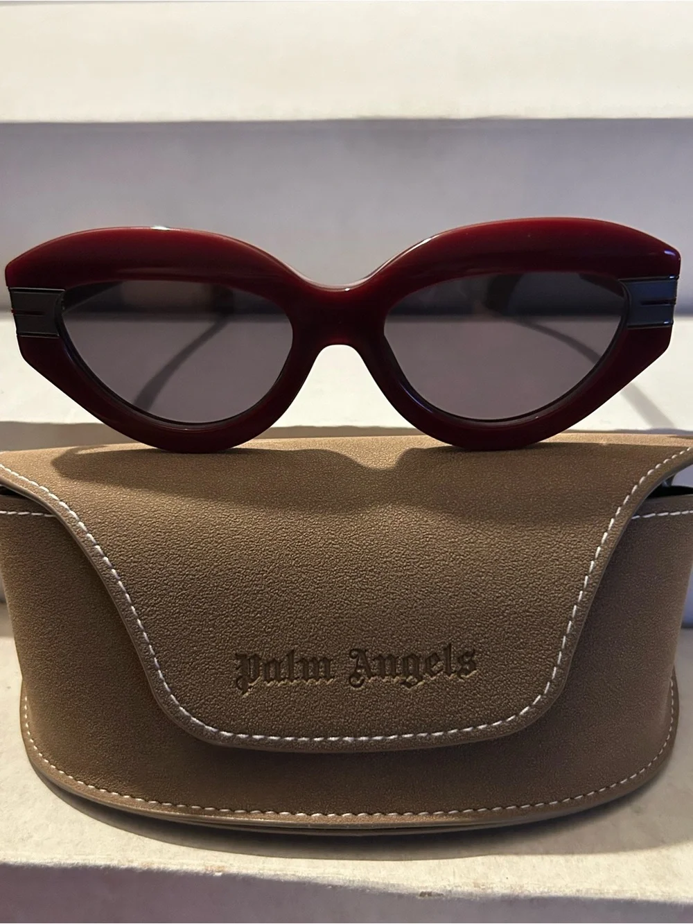 Palm Angels Red Cat-Eye Sunglasses with Brown Case and Box